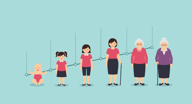 Human life cycle infographic shows the stages of a woman growing from a baby through childhood to adulthood and senior old age.