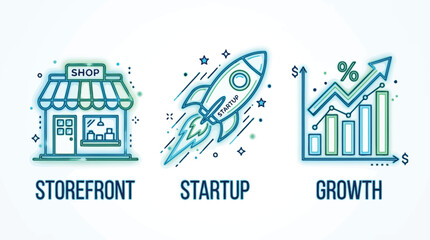 Fototapeta premium Set of icons representing storefront, startup, and business growth with charts and rocket.