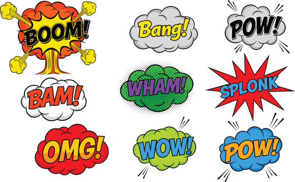 pop art comic speech bubble set with sound effects like boom bang pow bam wham and wow for retro sound explosion stickers and cartoon designs