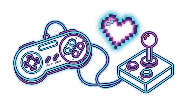 Retro video game controllers and a pixelated heart, symbolizing gaming passion and nostalgia.