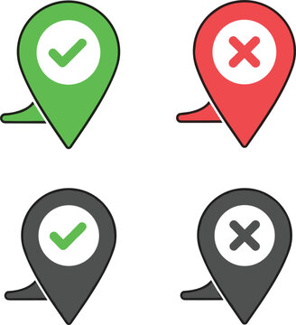 Map Pin Location Pointer Icon Set with Check Mark and Cross Symbols for Navigation Right Wrong Destination Approved and Rejected Places