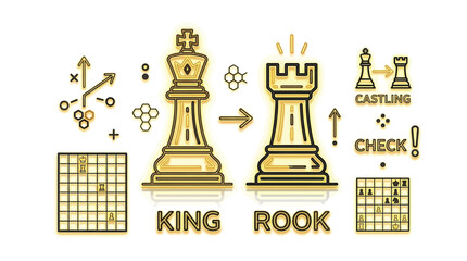 Chess King and Rook transformation with strategy diagram and game board illustration. © desiana