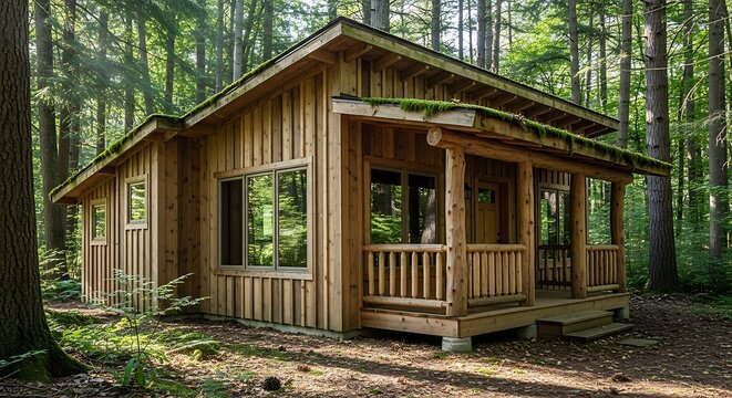 Cozy wooden cabin nestled in a serene forest setting with a covered porch and large windows for relaxation and nature connection