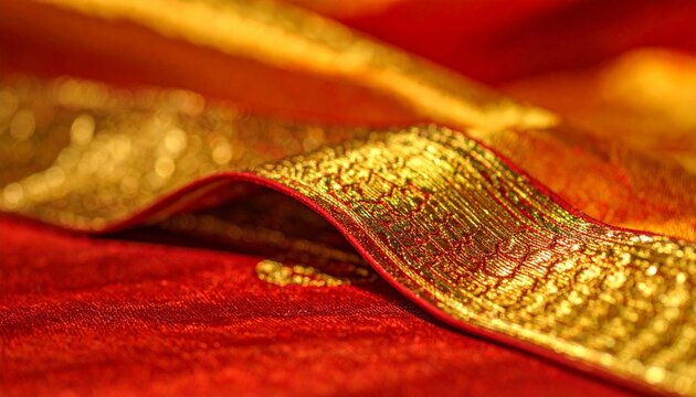 Gold zari embroidered silk sari border with intricate weaving detail on red fabric