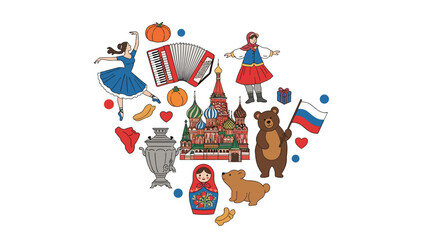 Fototapeta premium Heart shaped collection of traditional Russian cultural symbols including architecture, food, and traditional dress icons.