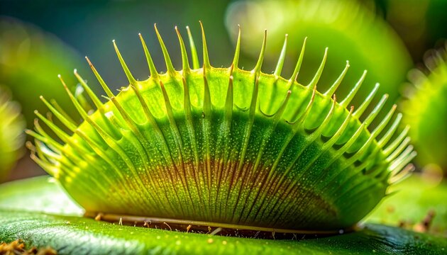 Venus flytrap with closed lobes and interlocking cilia in natural light