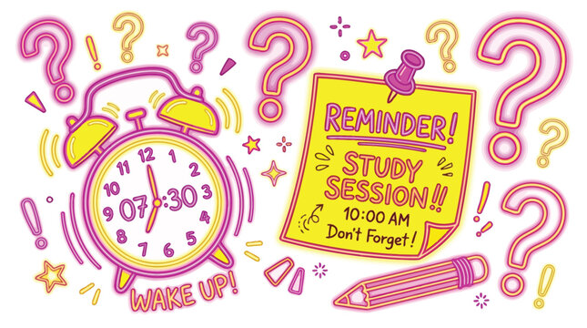 Alarm clock and reminder note for a study session, emphasizing the importance of waking up and not forgetting the scheduled time.