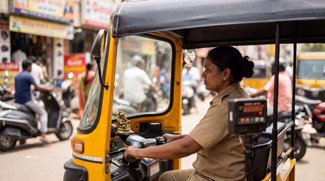 Female Indian auto-rickshaw driver in khaki uniform driving a yellow tuk-tuk in a busy city street in Chennai