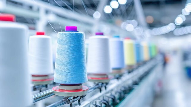 Industrial yarn spinning machine with countless spools of vibrant thread on a production line