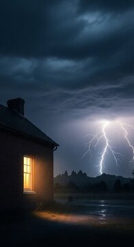 Intense electrical storm illuminates rural landscape adjacent to a solitary brick structure at night