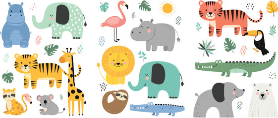 Naklejka premium Cute safari animal vector collection featuring hand drawn lion, tiger, elephant, giraffe, hippo, flamingo, and crocodile characters for nursery decor and children stickers