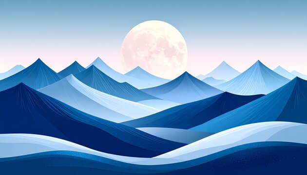 Full moon rising over snowy mountain range at dusk with layered valleys
