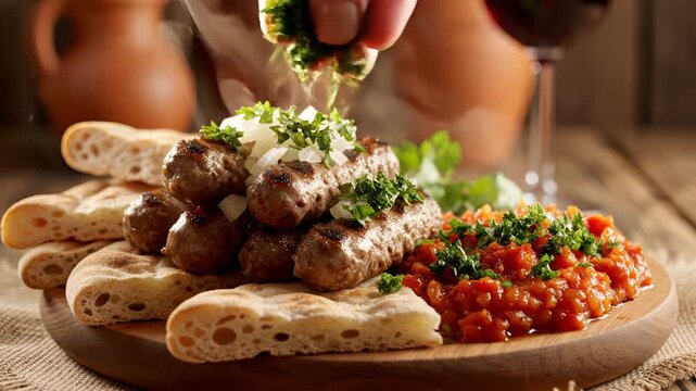 Delicious Balkan grilled meat dish with flatbread and ajvar sauce.