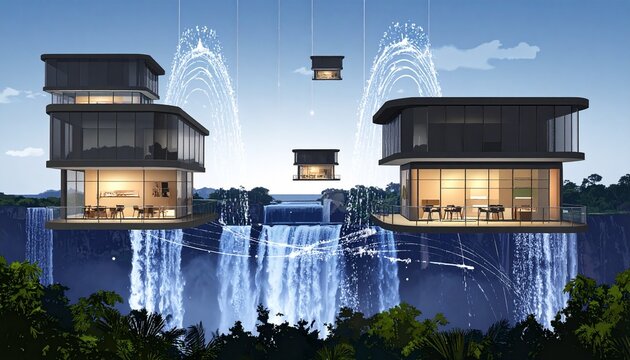 Modern glass buildings with waterfall reflections at dusk and laser light display