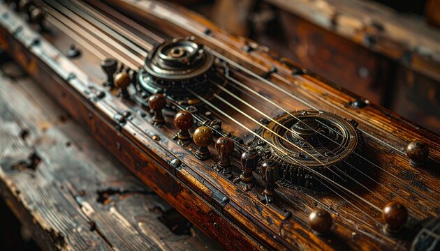 Close-up of hurdy-gurdy wheel and rosin mechanism on wooden instrument