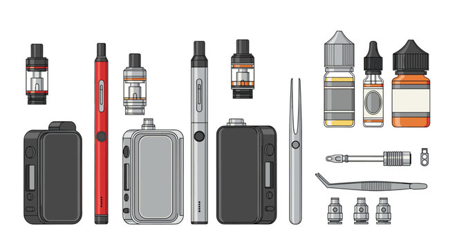 Vaping and electronic cigarette kit with various device mods, juice bottles, tanks, and repair accessories.