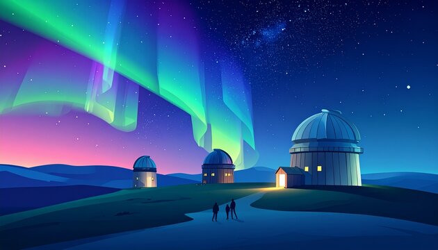 Observatories under vibrant aurora borealis in starry night sky