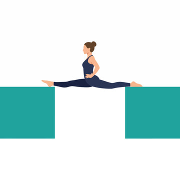 Woman Performing Leg Split Spanning a Gap Between Two Blocks, Flat Vector Illustration for Business Flexibility, Resilience, and Problem Solving Metaphor