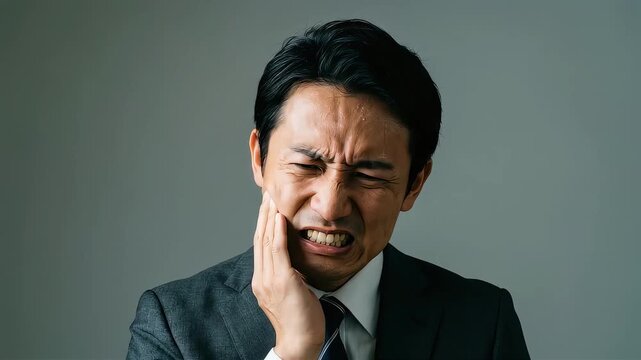突然の激しい歯痛に悶える中年ビジネスマン