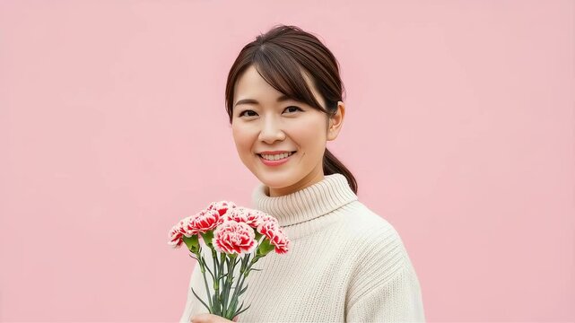 カーネーションの花束を手に持ち幸せそうな表情で空を見上げる若い女性