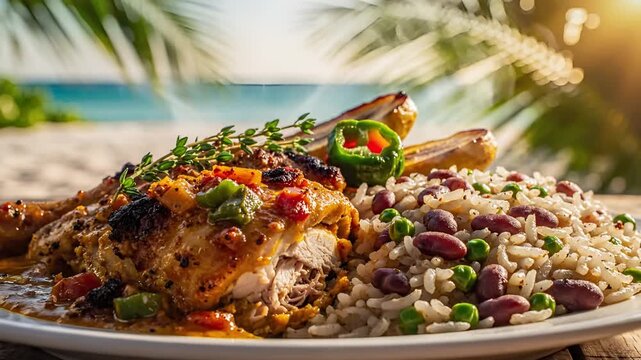 Delicious Jamaican Jerk Chicken with Rice and Peas on a Tropical Beach.