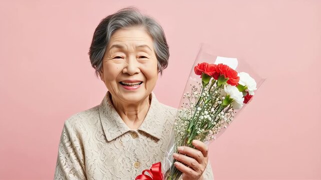 カーネーションの香りを楽しみながら満面の笑みを浮かべる高齢の女性
