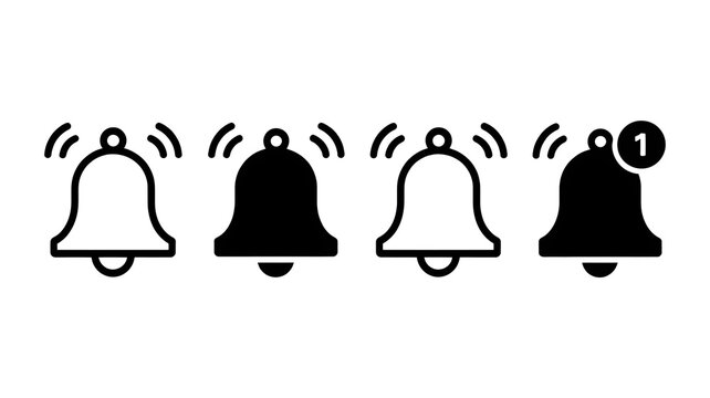 Notification bells icons with alerts and one unread message indicator on white background