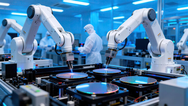 This is a semiconductor manufacturing cleanroom, where robotic arms process silicon wafers on automated production lines with skilled workers in protective suits working nearby.