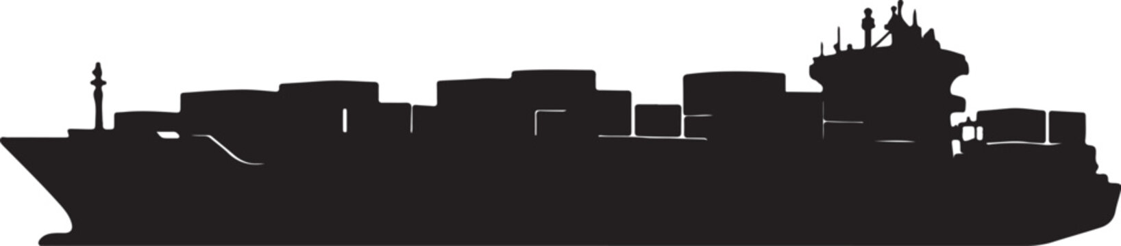 Silhouette of a large cargo container ship with black and white, vessel silhouette