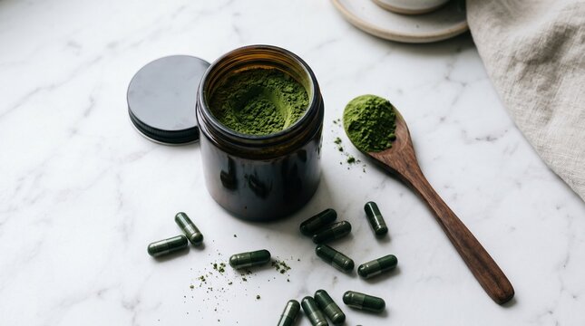 Green powder supplement in jar and spoon with capsules on marble surface