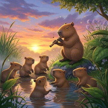Group of adorable rodents gathers around a musician playing a woodwind instrument near water at sunset