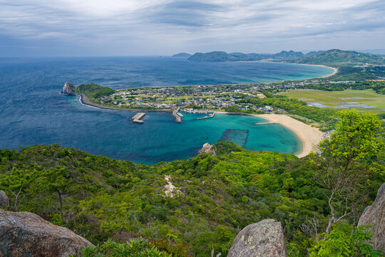 Turquoise beach panorama from Tateishi-yama in Itoshima, Japan