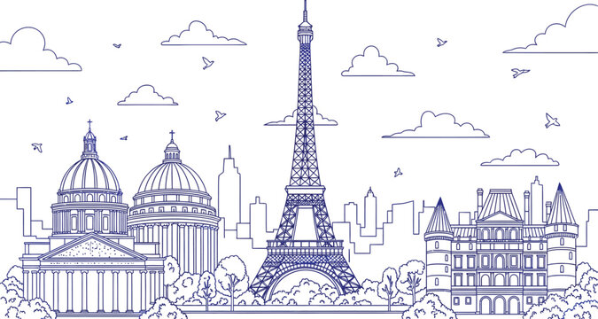Paris City Skyline Line Art Illustration with Eiffel Tower and Historical Landmarks