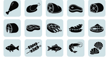 Fototapeta premium Set of black and white icons representing various types of meat and seafood such as chicken, steak, ham, sausage, fish, and shellfish.
