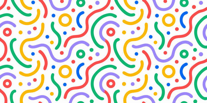 Colorful abstract squiggly lines seamless pattern with circles on a white background high quality professional