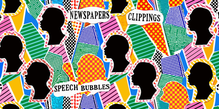Collage of black head silhouettes with colorful patterned backgrounds and text overlays high quality professional