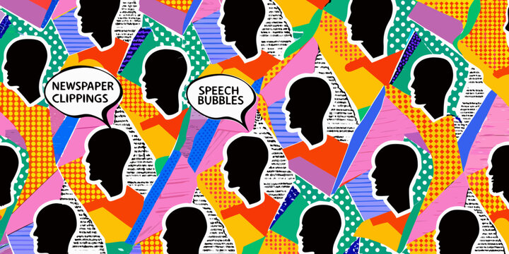 Black head silhouettes layered with colorful patterns newspaper clippings and speech bubbles high quality professional