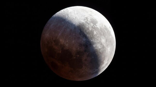 A high-detail view of a partial lunar eclipse showing the Earth's shadow casting a dark red tint across the textured surface of the moon in deep space.