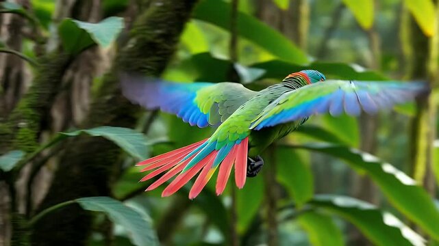 Beautiful Parrot in Lush Rainforest Environment Soaring Through the Air.
