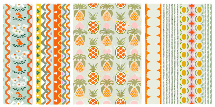 Pastel patterned papers with tropical motifs pineapples birds and geometric shapes high quality professional detailed