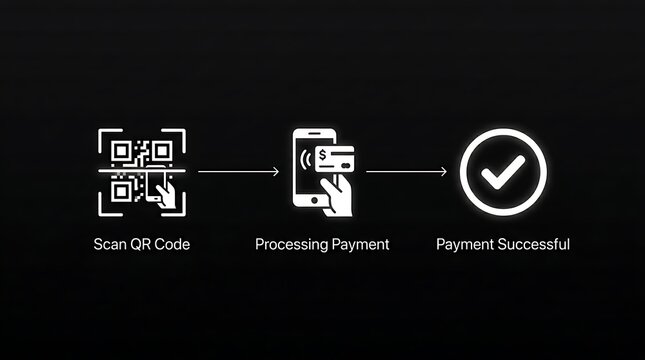 Mobile payment process with qr code scan processing and successful transaction on black background