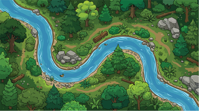 Cartoon forest landscape with winding blue river, top view aerial woods background, lush green wilderness with pine trees and rocks, game level design