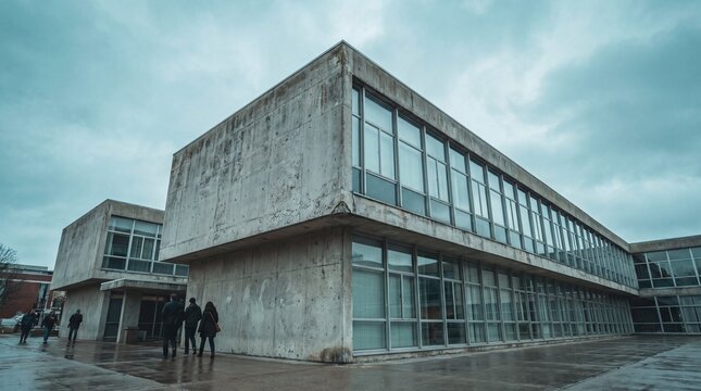 A wide-angle exterior view of a modern brutalist concrete building with large glass windows, featuring people walking by on a gloomy, overcast day.
