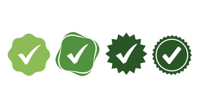 Set of green checkmark seals and badges signaling approval, validation, and verified reliability icons.