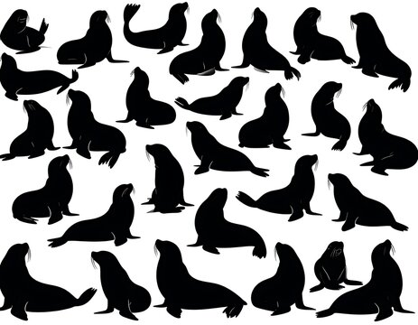 Black silhouettes of multiple sea lions.