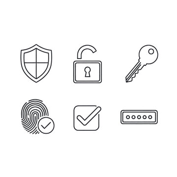 Set of icons representing security and access, including a shield, unlocked padlock, key, fingerprint, checkmark, and password field.