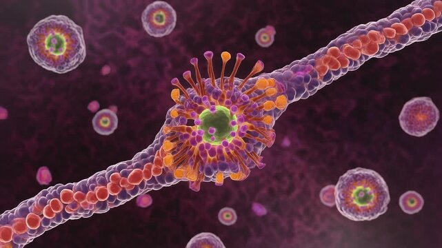 Macroscopic view of viral replication animation with pulsating structures and emerging pathogens, symbolizing disease progression and infection
