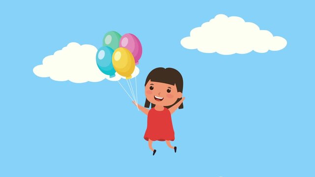Little girl in red dress flying with colorful balloons through blue sky with moving white clouds.