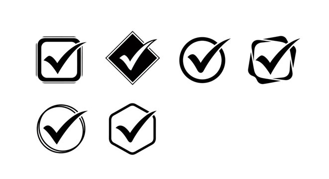 Set of varied check mark icons and symbols in circles and squares for verification and approval.