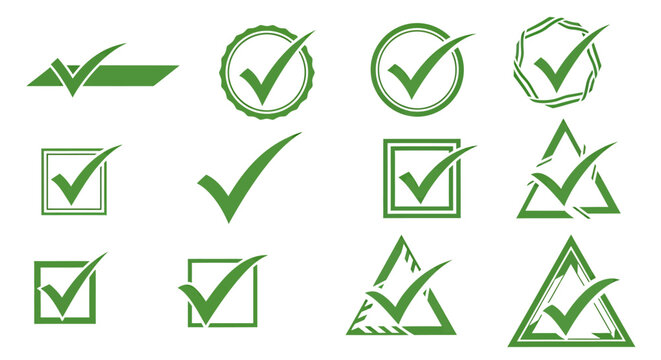 Collection of green check mark icons in various styles and layouts for graphic resources.